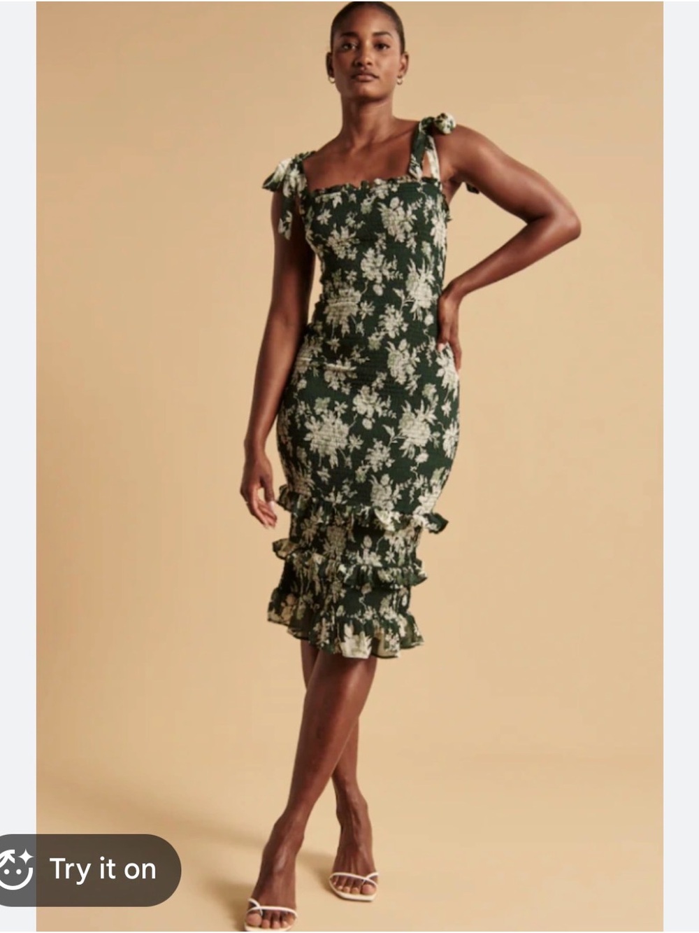 NWT Abercrombie & Fitch Dark Green Floral Tie-Shoulder Ruffle Midi Dress